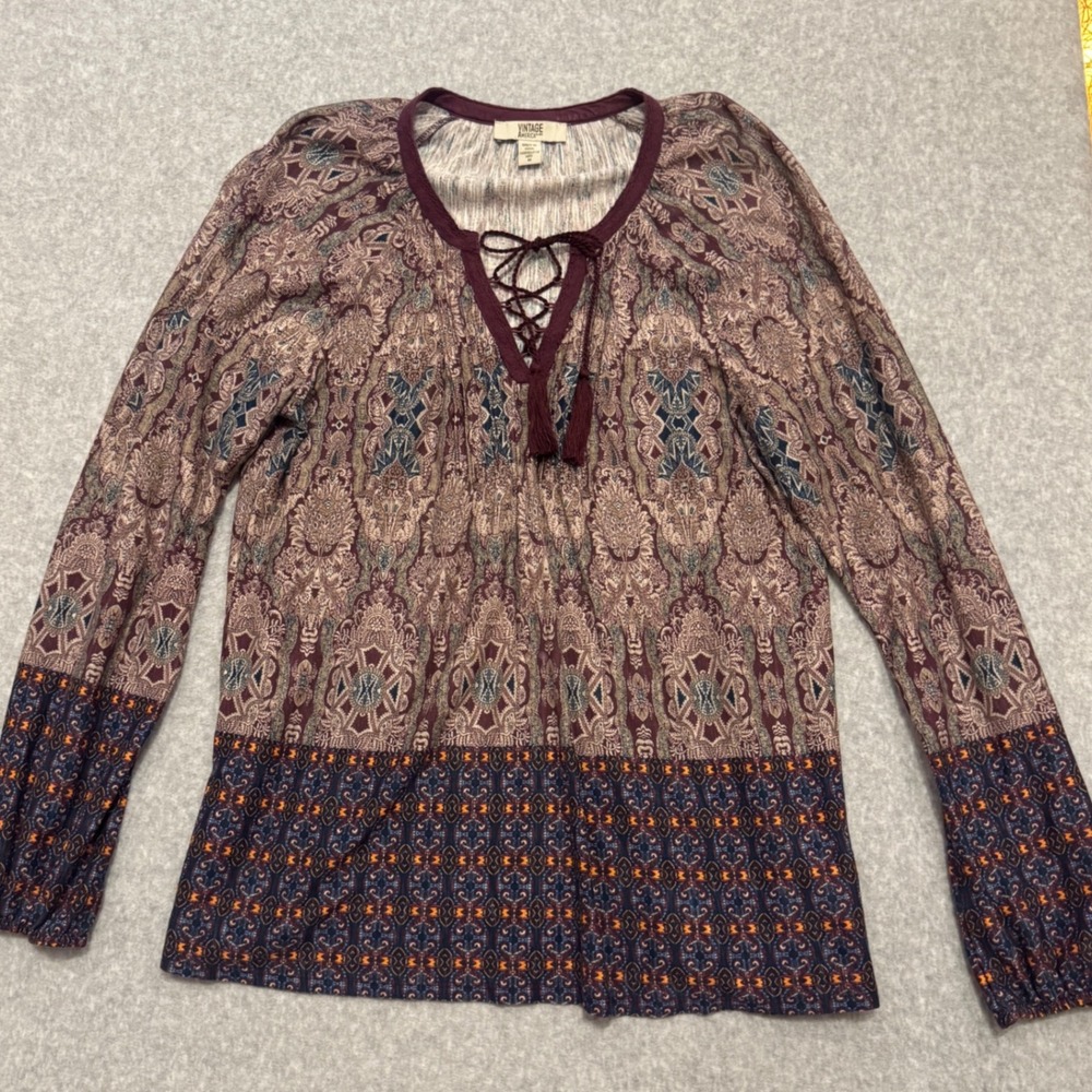 Vintage America Blues Womens Medium Paisley Lace Up Tassel Boho Top Burgundy
